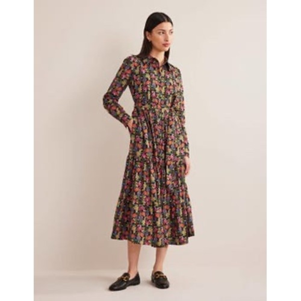 Boden Tiered Shirt Dress Floral Paisley Multi Color Long Sleeve Midi Pocket Belt